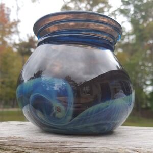 Vintage Handblown Blue Wave Art Glass Round Pot Vase Etched Signed Engelhardt